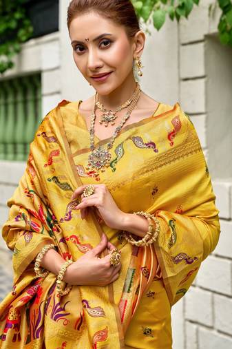 Yellow soft silk blend banarasi jacuard work designer party wear saree with unstitched blouse piece