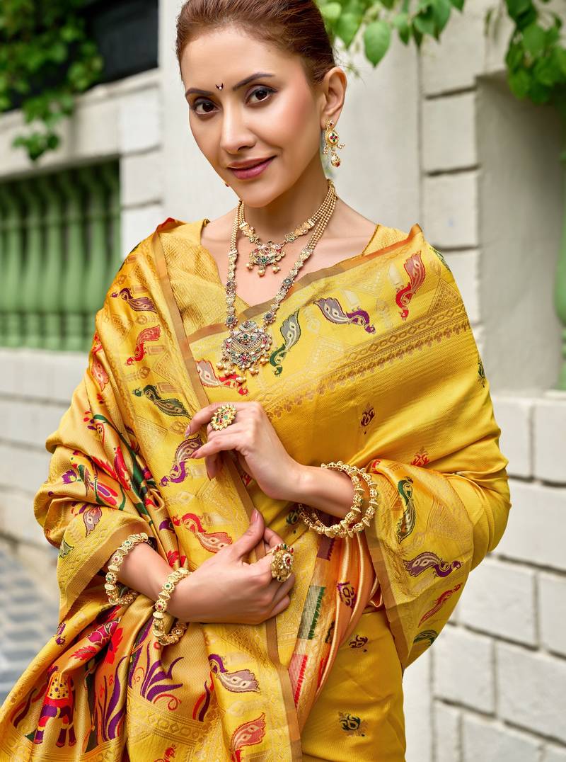 Yellow soft silk blend banarasi jacuard work designer party wear saree with unstitched blouse piece