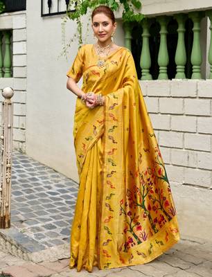 Yellow silk blend banarasi saree with unstitched blouse piece 2