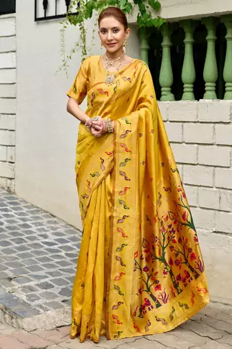 Yellow silk blend banarasi saree with unstitched blouse piece