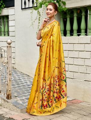 Yellow silk blend banarasi saree with unstitched blouse piece 3