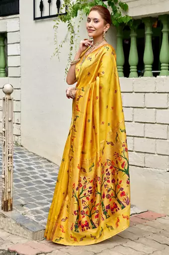 Yellow silk blend banarasi saree with unstitched blouse piece