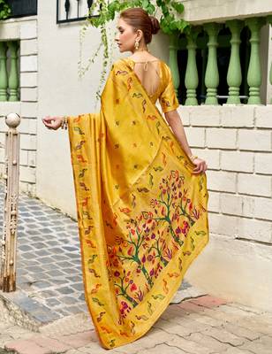 Yellow silk blend banarasi saree with unstitched blouse piece 4