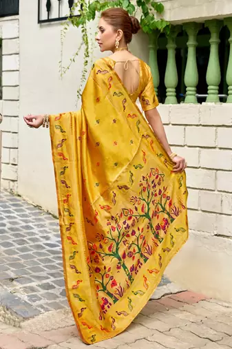 Yellow silk blend banarasi saree with unstitched blouse piece