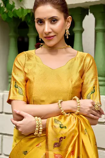 Yellow silk blend banarasi saree with unstitched blouse piece