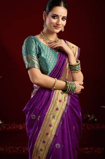 Purple soft silk blend banarasi jacuard work designer party wear saree with unstitched blouse piece
