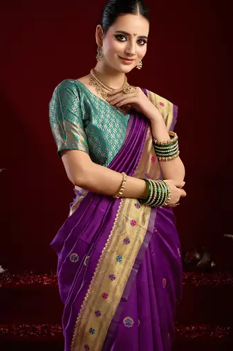 Purple soft silk blend banarasi jacuard work designer party wear saree with unstitched blouse piece