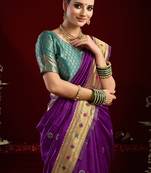 Purple silk blend banarasi saree with unstitched blouse piece