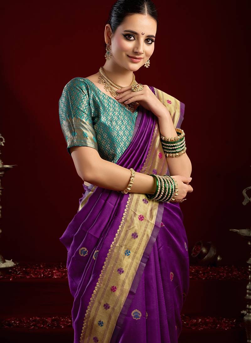 Purple soft silk blend banarasi jacuard work designer party wear saree with unstitched blouse piece