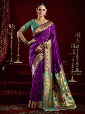 Purple silk blend banarasi saree with unstitched blouse piece 2