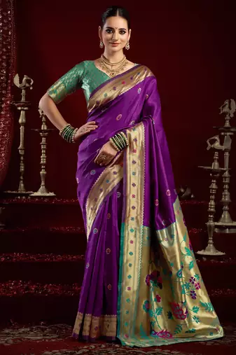 Purple silk blend banarasi saree with unstitched blouse piece