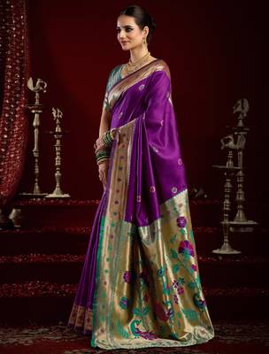 Purple silk blend banarasi saree with unstitched blouse piece 3