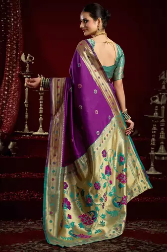 Purple silk blend banarasi saree with unstitched blouse piece