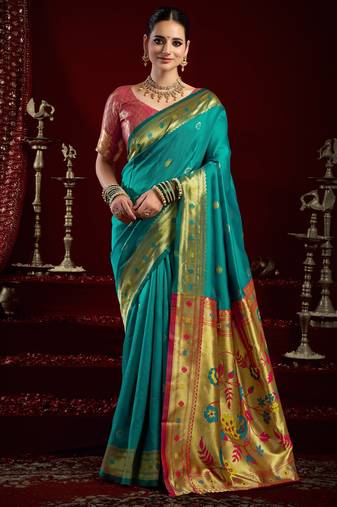 Teal green soft silk blend banarasi jacuard work designer party wear saree with unstitched blouse piece