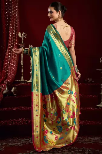 Teal green silk blend banarasi saree with unstitched blouse piece