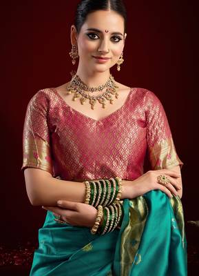 Teal green silk blend banarasi saree with unstitched blouse piece 5
