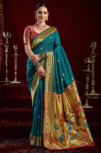 Teal blue silk blend banarasi saree with unstitched blouse piece