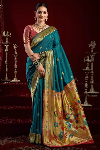 Teal blue silk blend banarasi saree with unstitched blouse piece