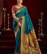 Teal blue silk blend banarasi saree with unstitched blouse piece