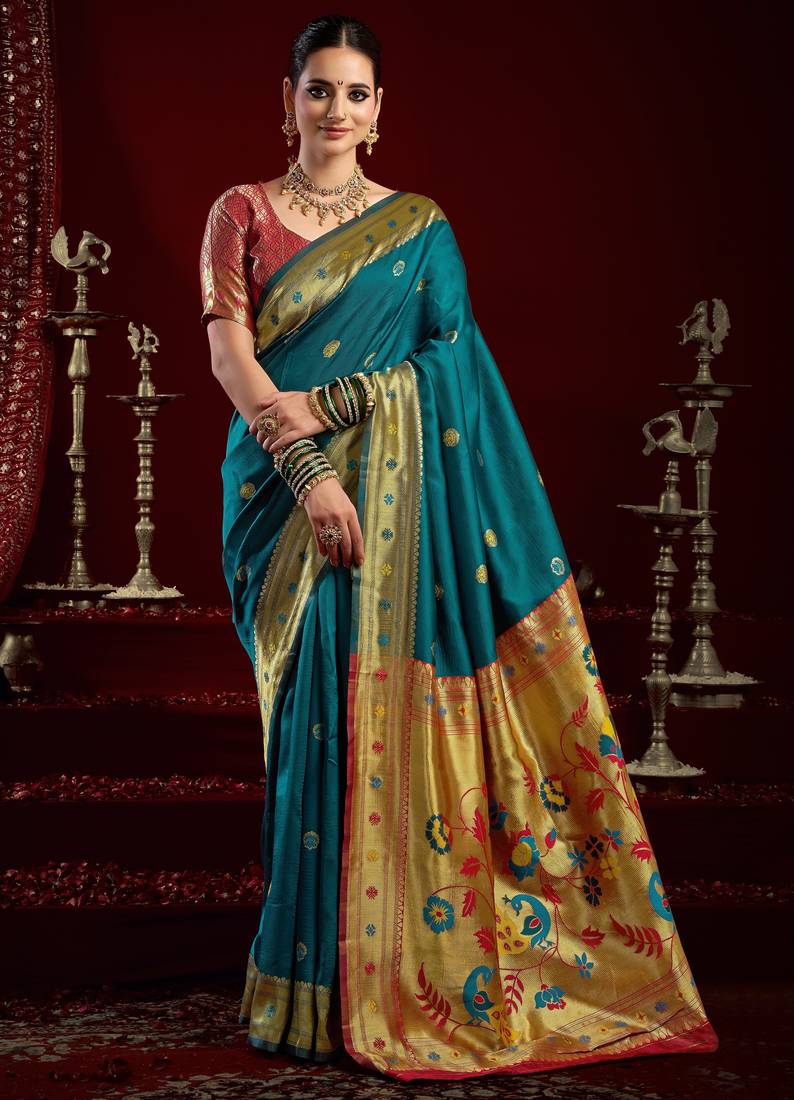 Teal blue soft silk blend banarasi jacuard work designer party wear saree with unstitched blouse piece
