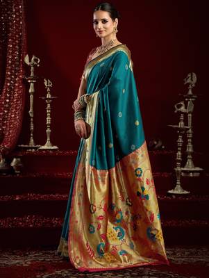 Teal blue silk blend banarasi saree with unstitched blouse piece 2