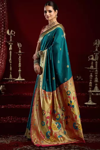 Teal blue silk blend banarasi saree with unstitched blouse piece