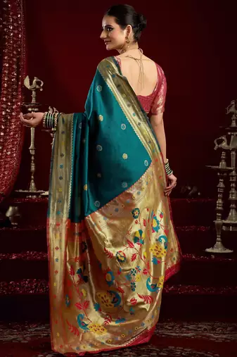 Teal blue silk blend banarasi saree with unstitched blouse piece