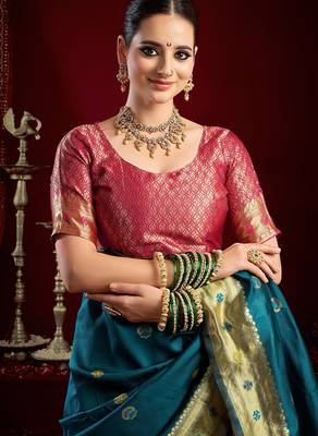 Teal blue silk blend banarasi saree with unstitched blouse piece 5