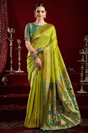 Parrot silk blend banarasi saree with unstitched blouse piece