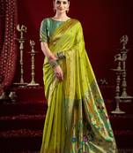 Parrot silk blend banarasi saree with unstitched blouse piece