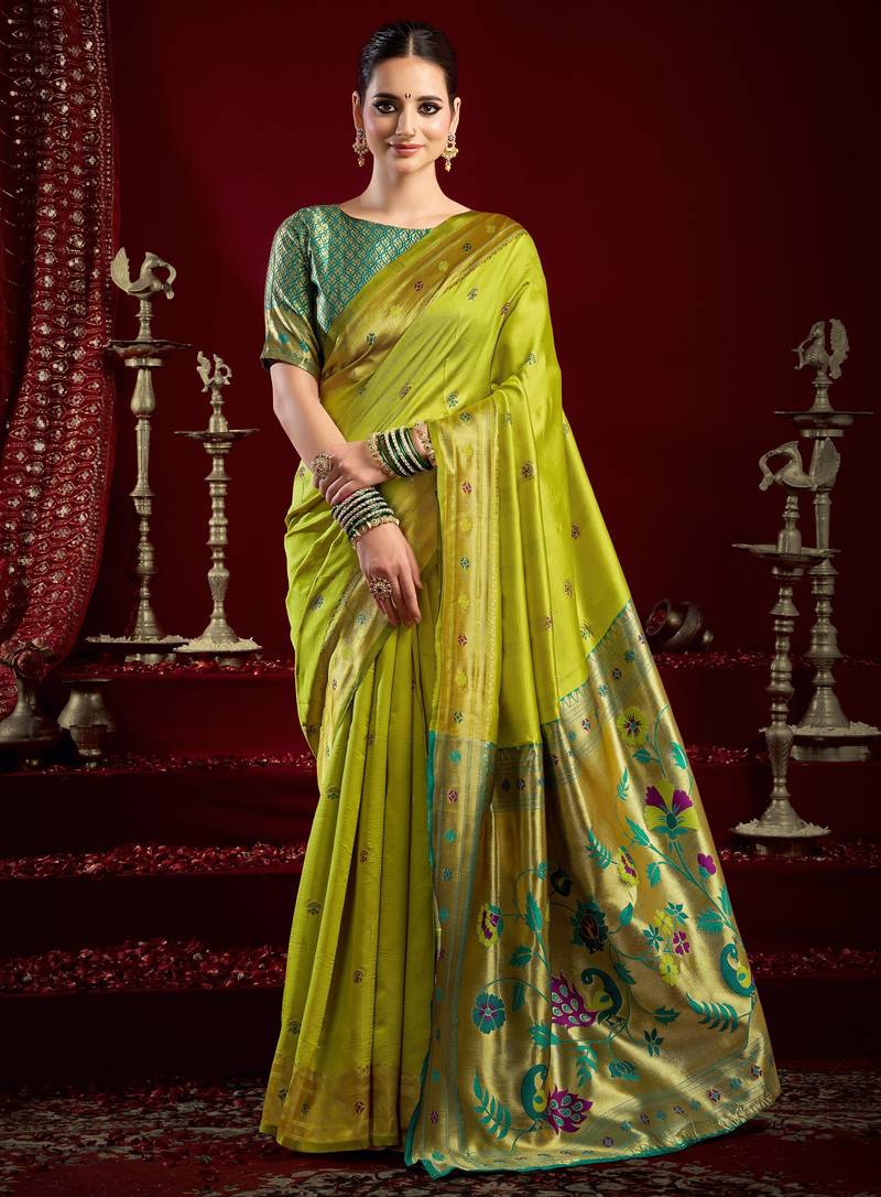 Parrot soft silk blend banarasi jacuard work designer party wear saree with unstitched blouse piece