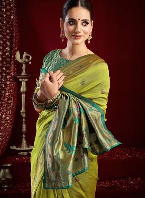 Parrot silk blend banarasi saree with unstitched blouse piece 2