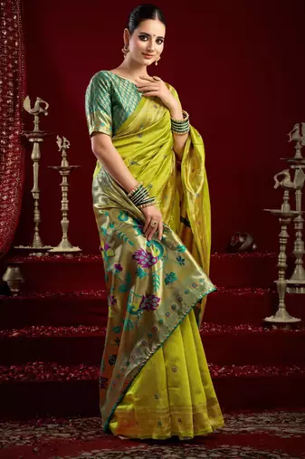 Parrot silk blend banarasi saree with unstitched blouse piece