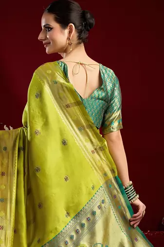 Parrot silk blend banarasi saree with unstitched blouse piece