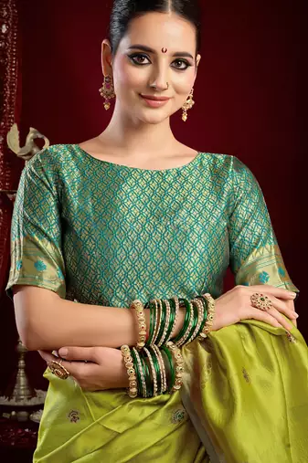 Parrot silk blend banarasi saree with unstitched blouse piece