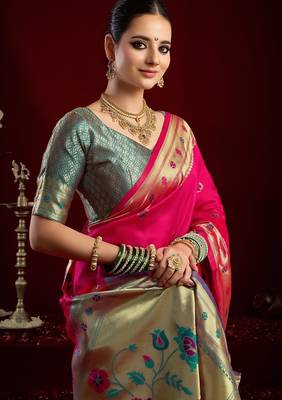 Rani pink silk blend banarasi saree with unstitched blouse piece 1