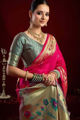 Rani pink silk blend banarasi saree with unstitched blouse piece