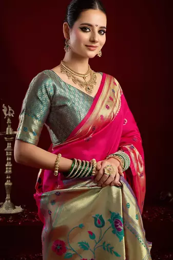 Rani pink silk blend banarasi saree with unstitched blouse piece
