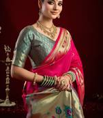 Rani pink silk blend banarasi saree with unstitched blouse piece