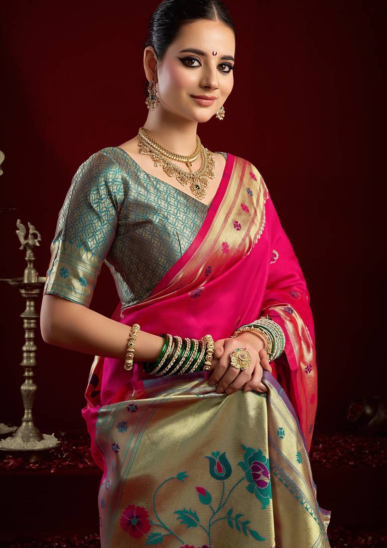 Rani pink soft silk blend banarasi jacuard work designer party wear saree with unstitched blouse piece