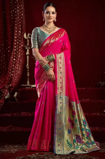 Rani pink silk blend banarasi saree with unstitched blouse piece