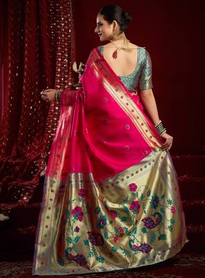 Rani pink silk blend banarasi saree with unstitched blouse piece 4