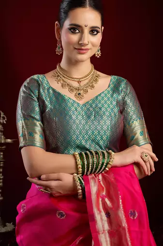 Rani pink silk blend banarasi saree with unstitched blouse piece
