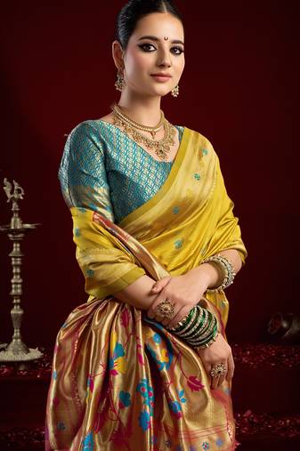 Yellow silk blend banarasi saree with unstitched blouse piece