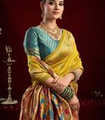 Yellow silk blend banarasi saree with unstitched blouse piece