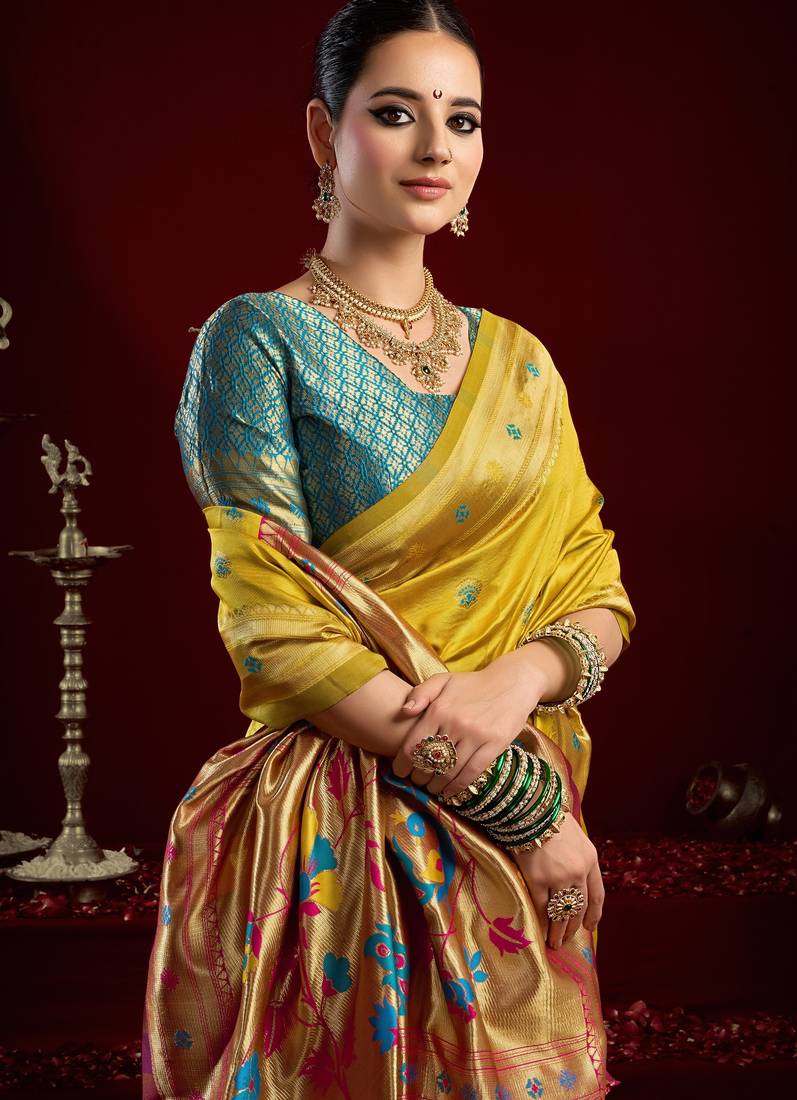 Yellow soft silk blend banarasi jacuard work designer party wear saree with unstitched blouse piece