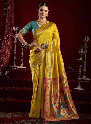 Yellow silk blend banarasi saree with unstitched blouse piece 2