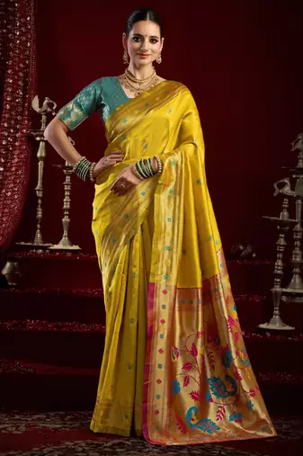 Yellow silk blend banarasi saree with unstitched blouse piece