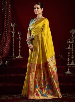 Yellow silk blend banarasi saree with unstitched blouse piece 3