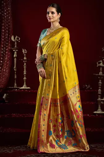 Yellow silk blend banarasi saree with unstitched blouse piece